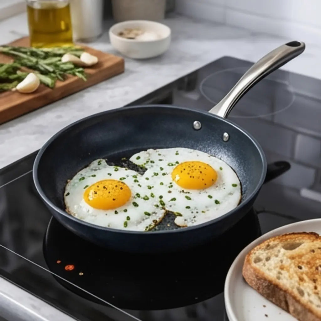Alva Black Angus carbon steel frying pan cooking fried eggs