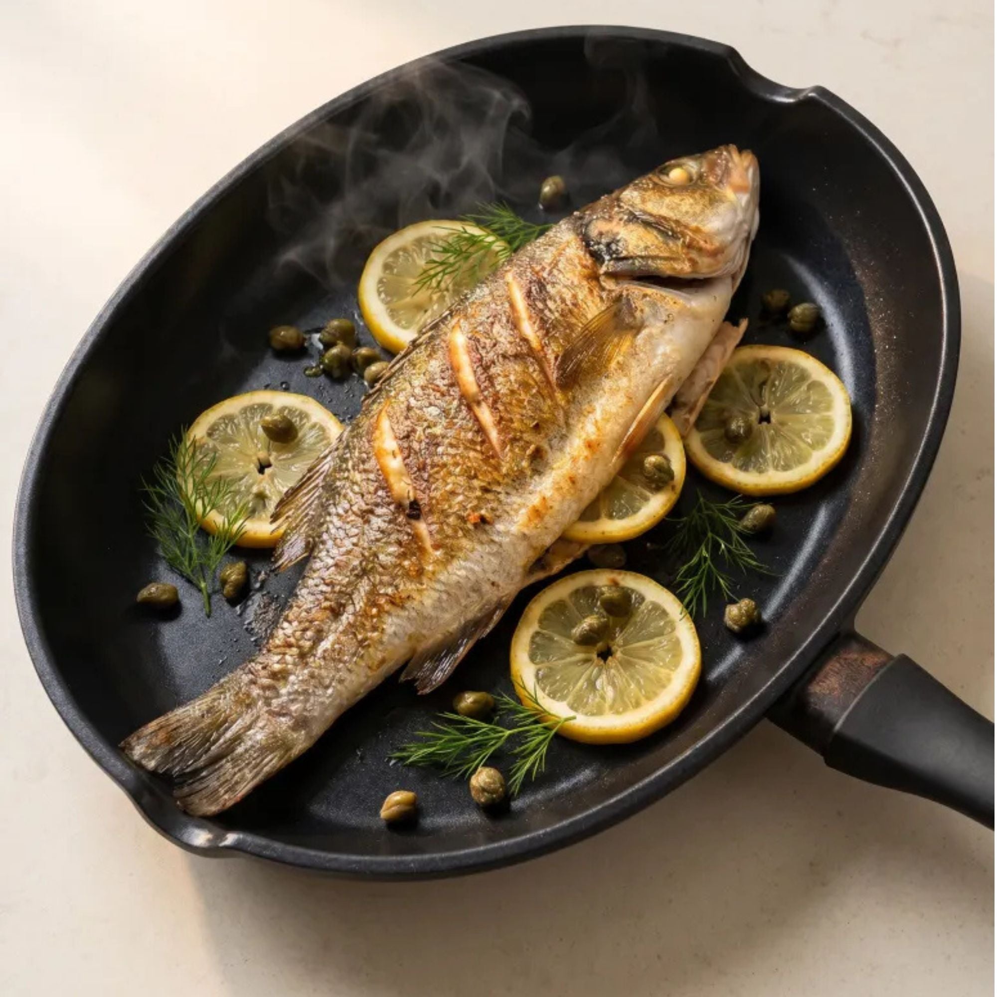 Alva Energy ceramic nonstick fish pan roasting whole fish with lemon