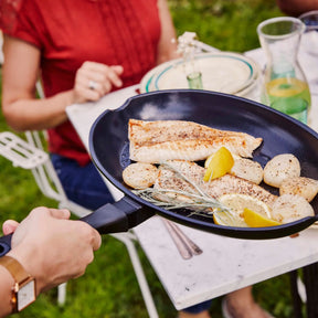 Alva Energy ceramic nonstick fish pan serving fish and potatoes