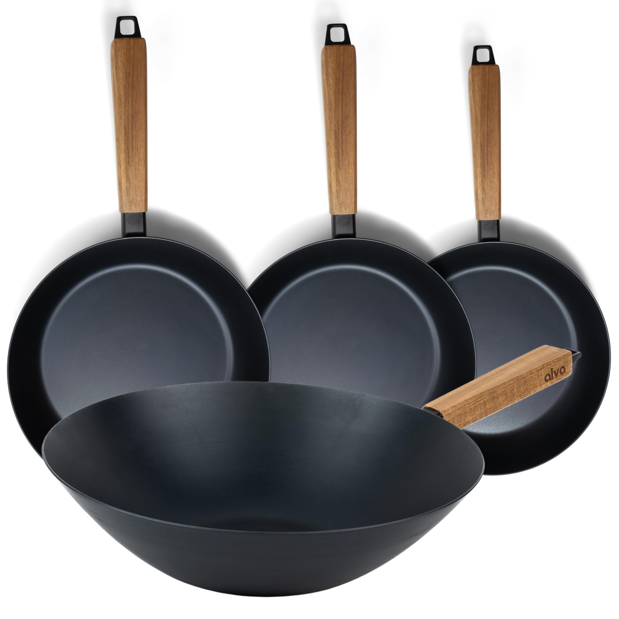 Alva Forest carbon steel four-piece frying pan and wok set on white