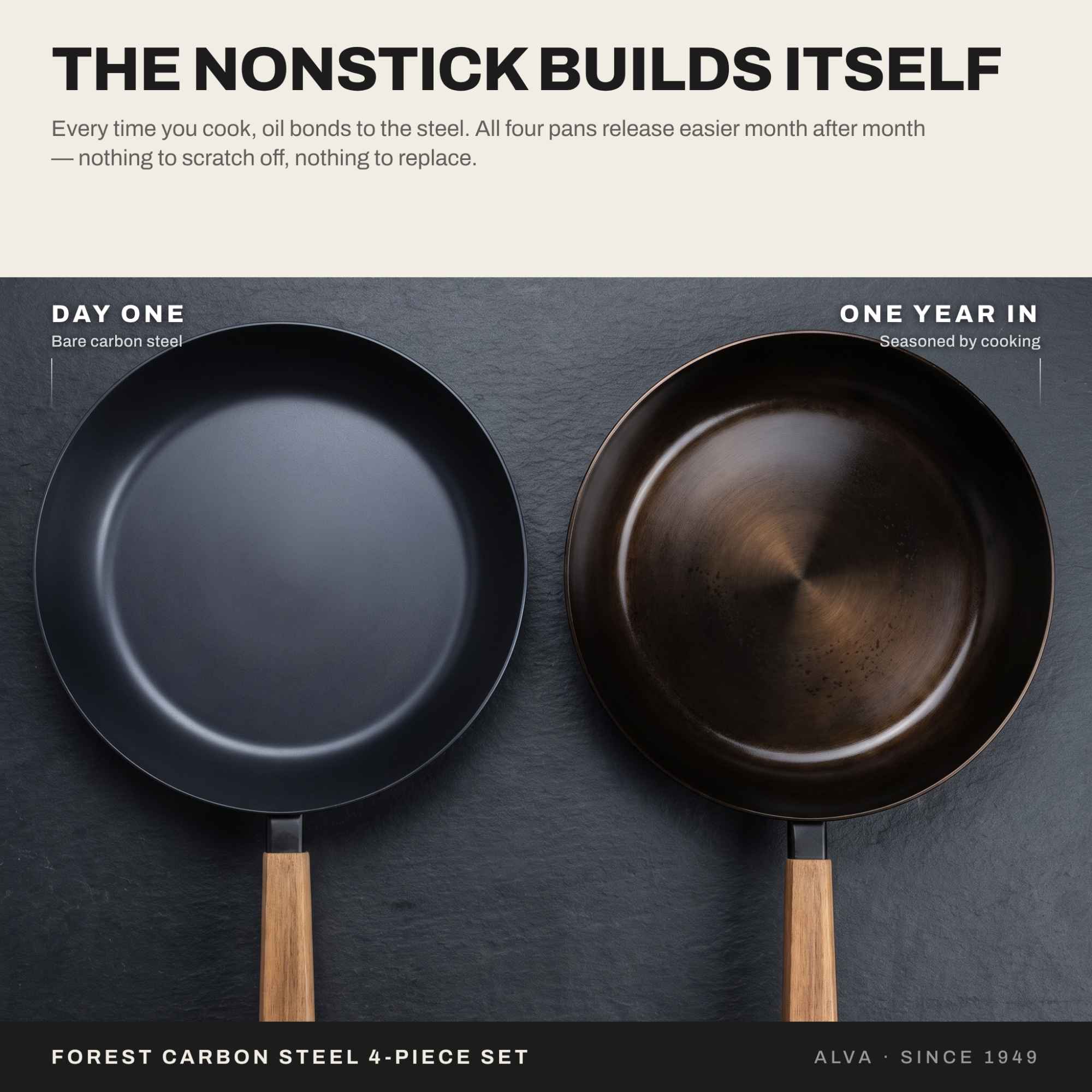 Alva Forest carbon steel seasoning comparison from day one to one year