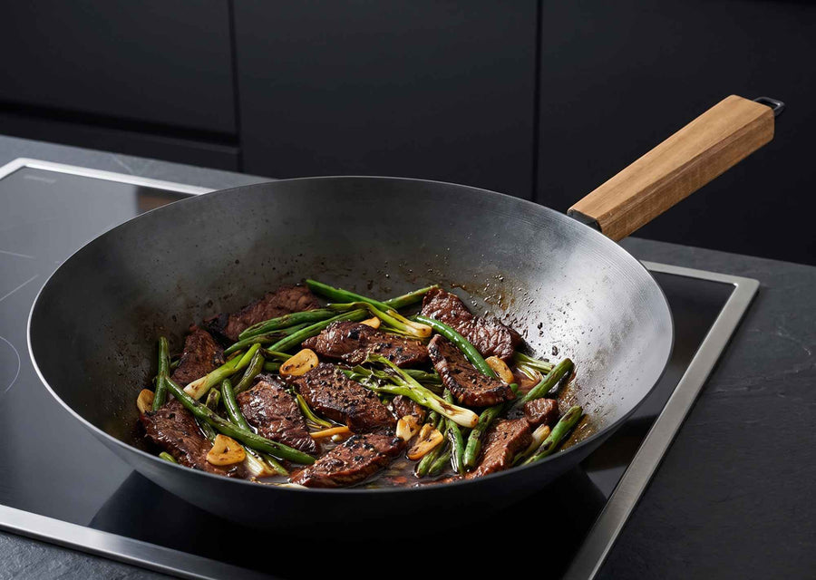 Alva Forest carbon steel wok cooking beef and green beans