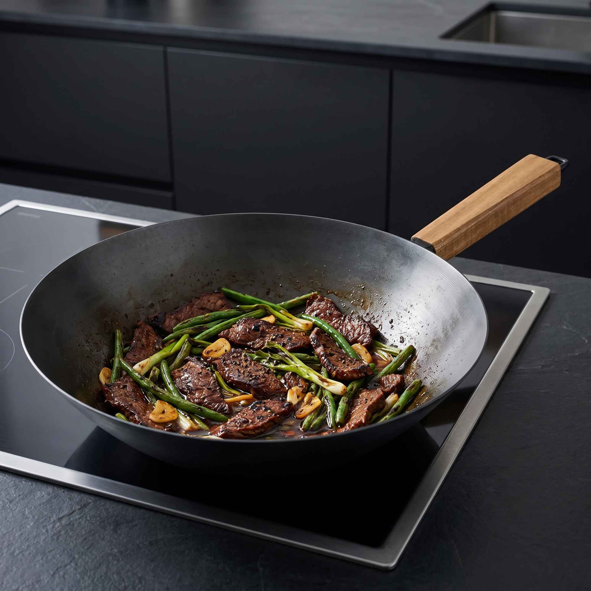 Alva Forest carbon steel wok cooking beef and green beans