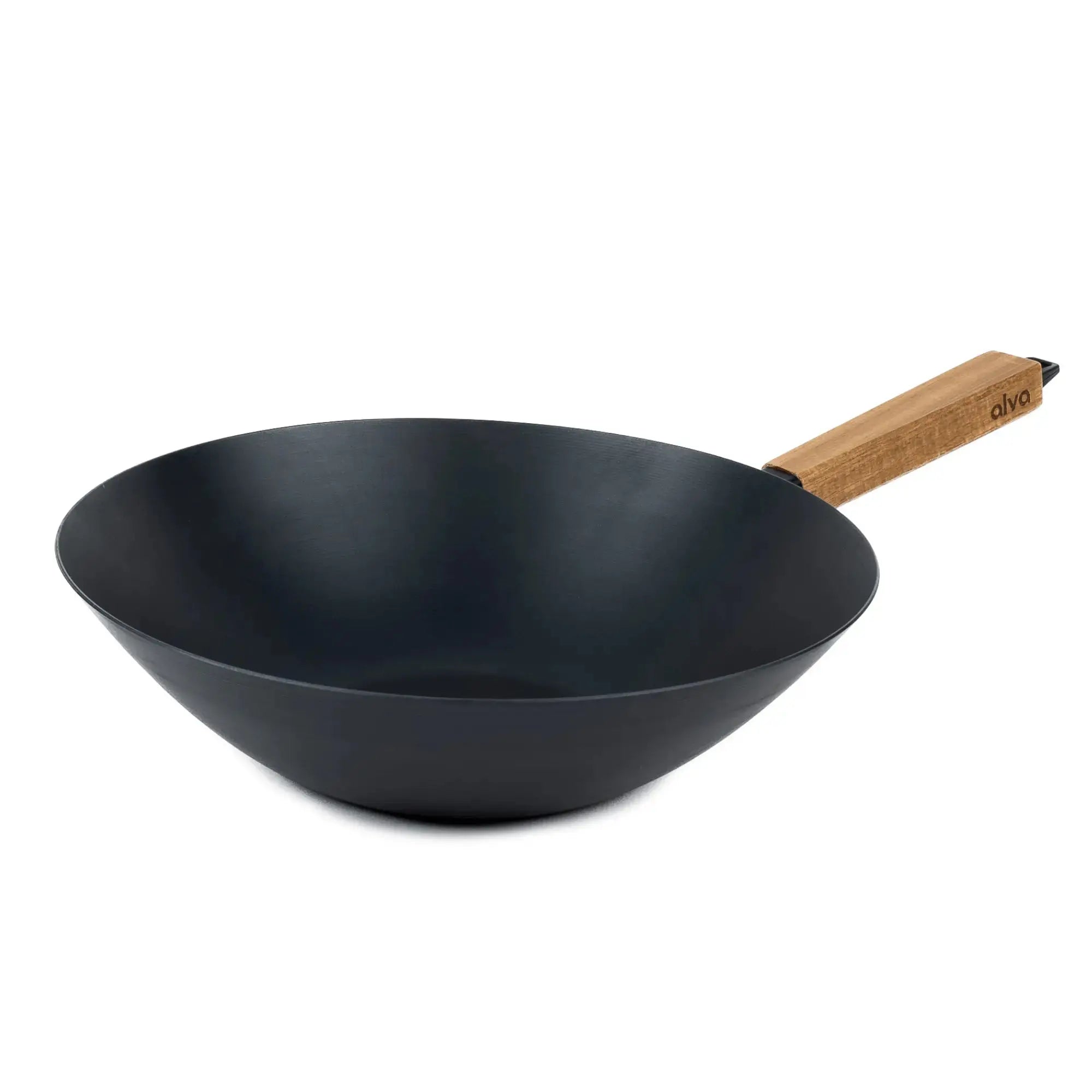 Alva Forest 12-inch carbon steel wok with wood handle on white