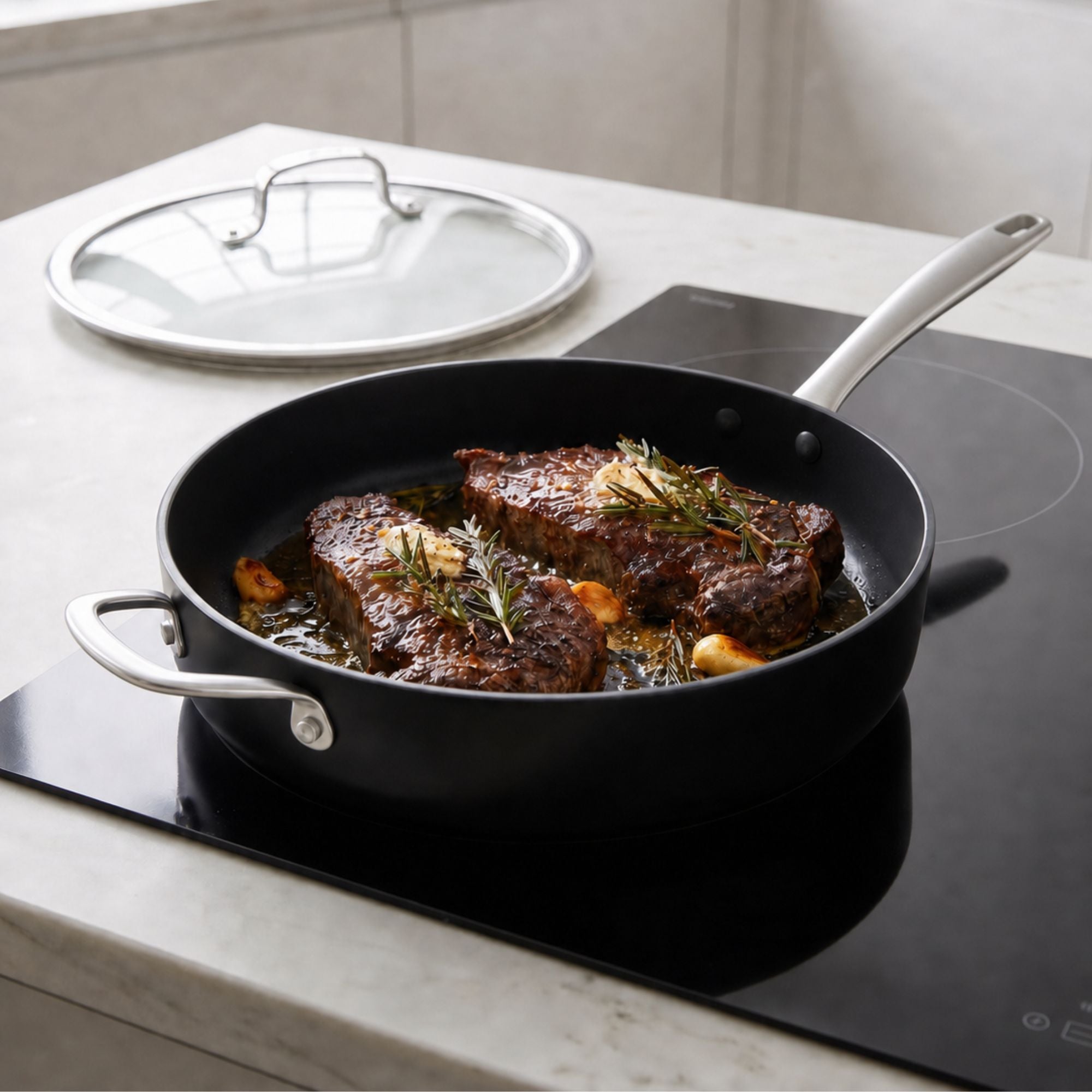 Alva Maestro ceramic nonstick sauté pan braising beef