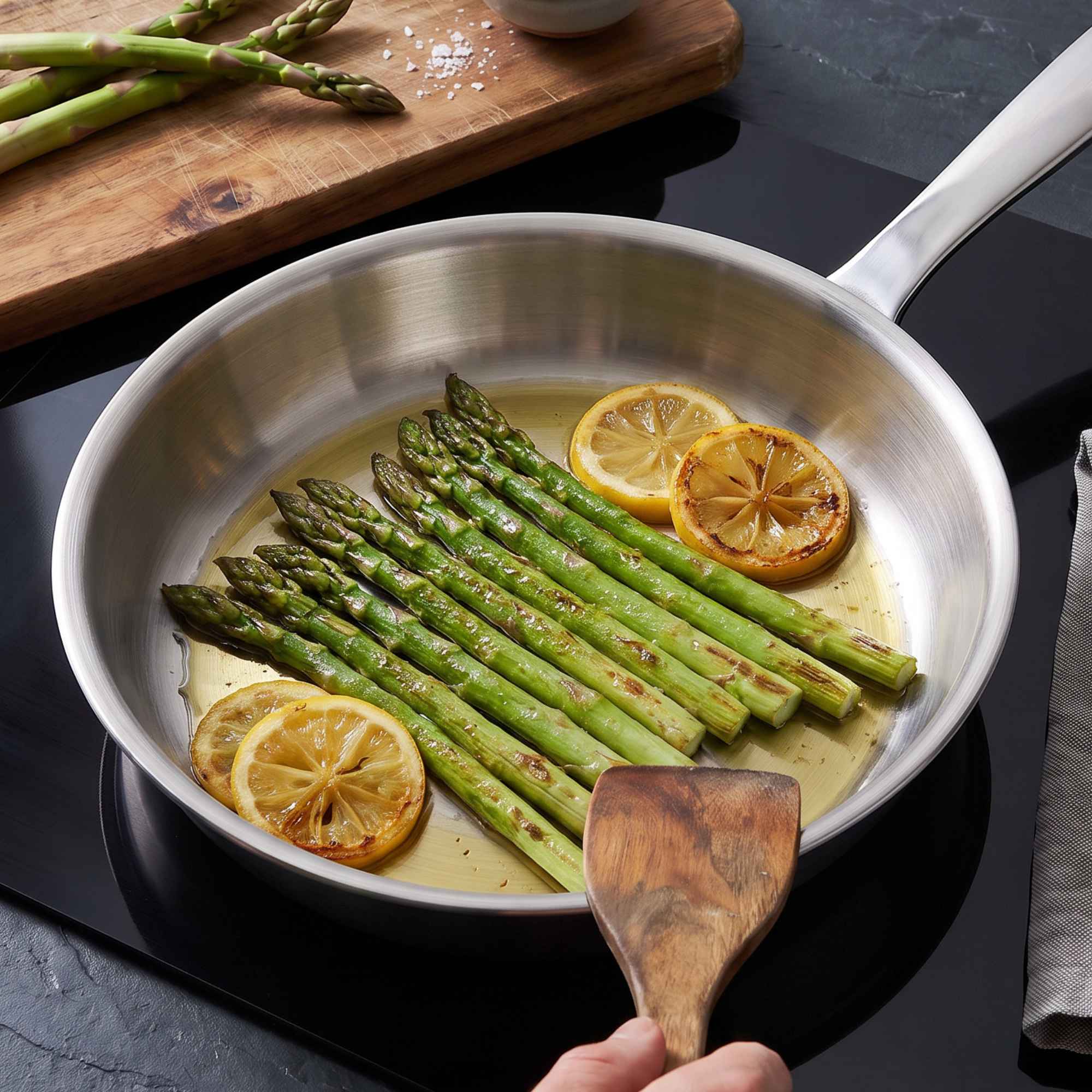 Alva stainless steel frying pan sautéing asparagus and lemon