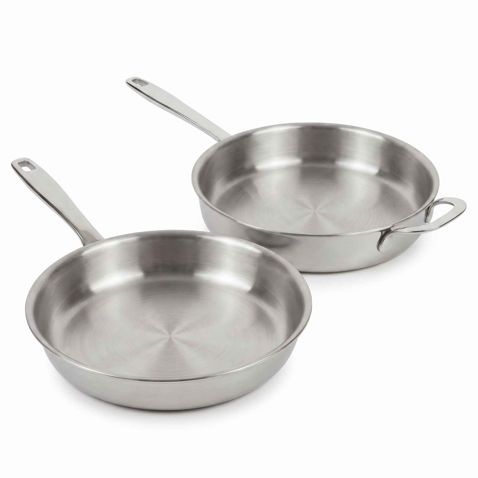 Alva two five-ply stainless steel frying pans on white