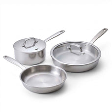 Alva Maestro 5-ply stainless steel 5-piece set: frying pan, sauté pan with glass lid, saucepan with lid