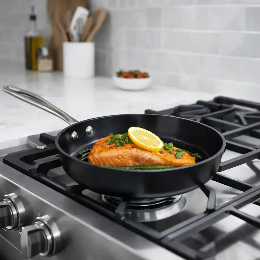 Alva ceramic nonstick frying pan cooking salmon on a gas stovetop