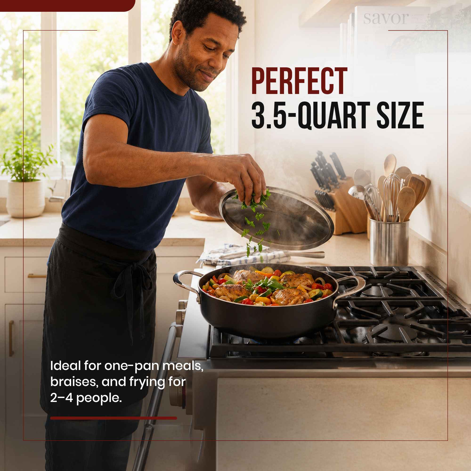 Alva Maestro ceramic nonstick sauté pan serving a family meal