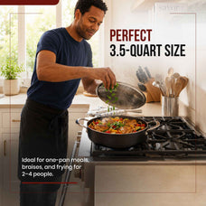 Alva Maestro ceramic nonstick sauté pan serving a family meal