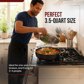 Alva Maestro ceramic nonstick sauté pan serving a family meal