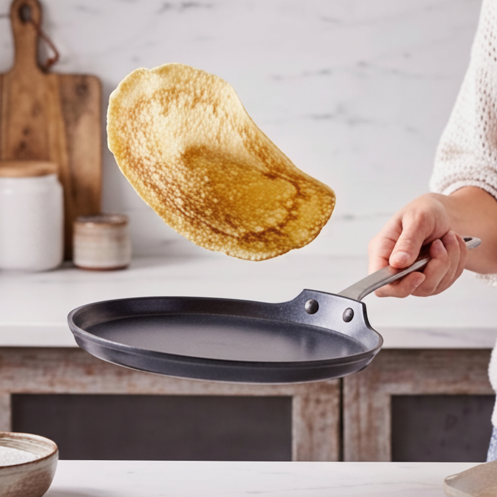 Alva Maestro ceramic nonstick crepe pan flipping a pancake