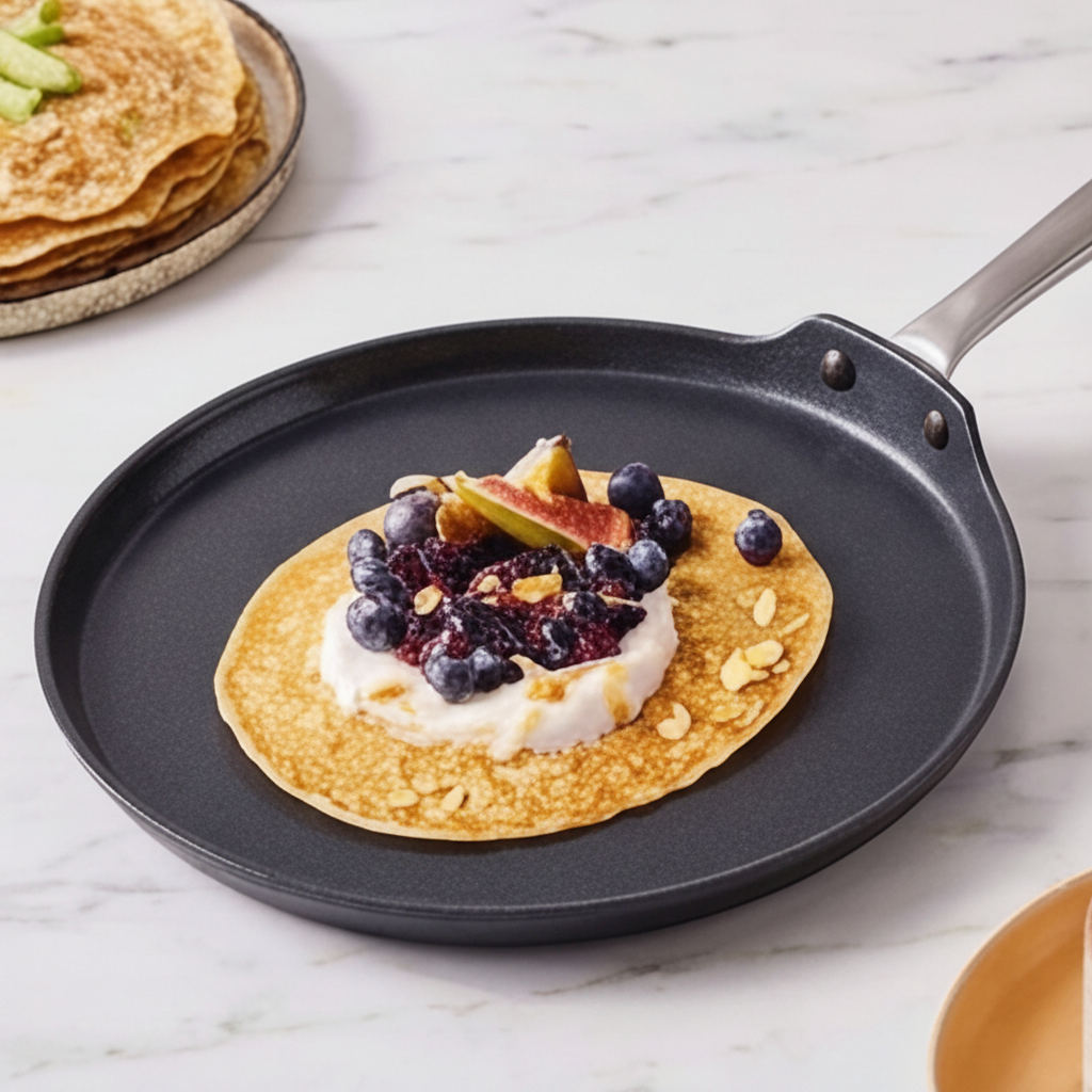 Alva Maestro ceramic nonstick crepe pan serving a berry pancake