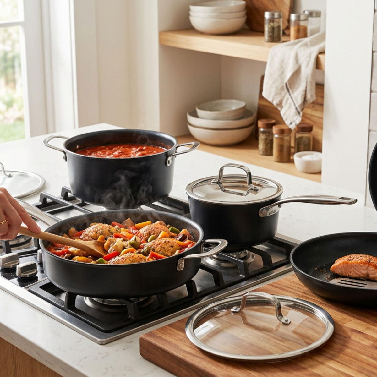 Alva Maestro Professional cookware cooking multiple dishes on gas
