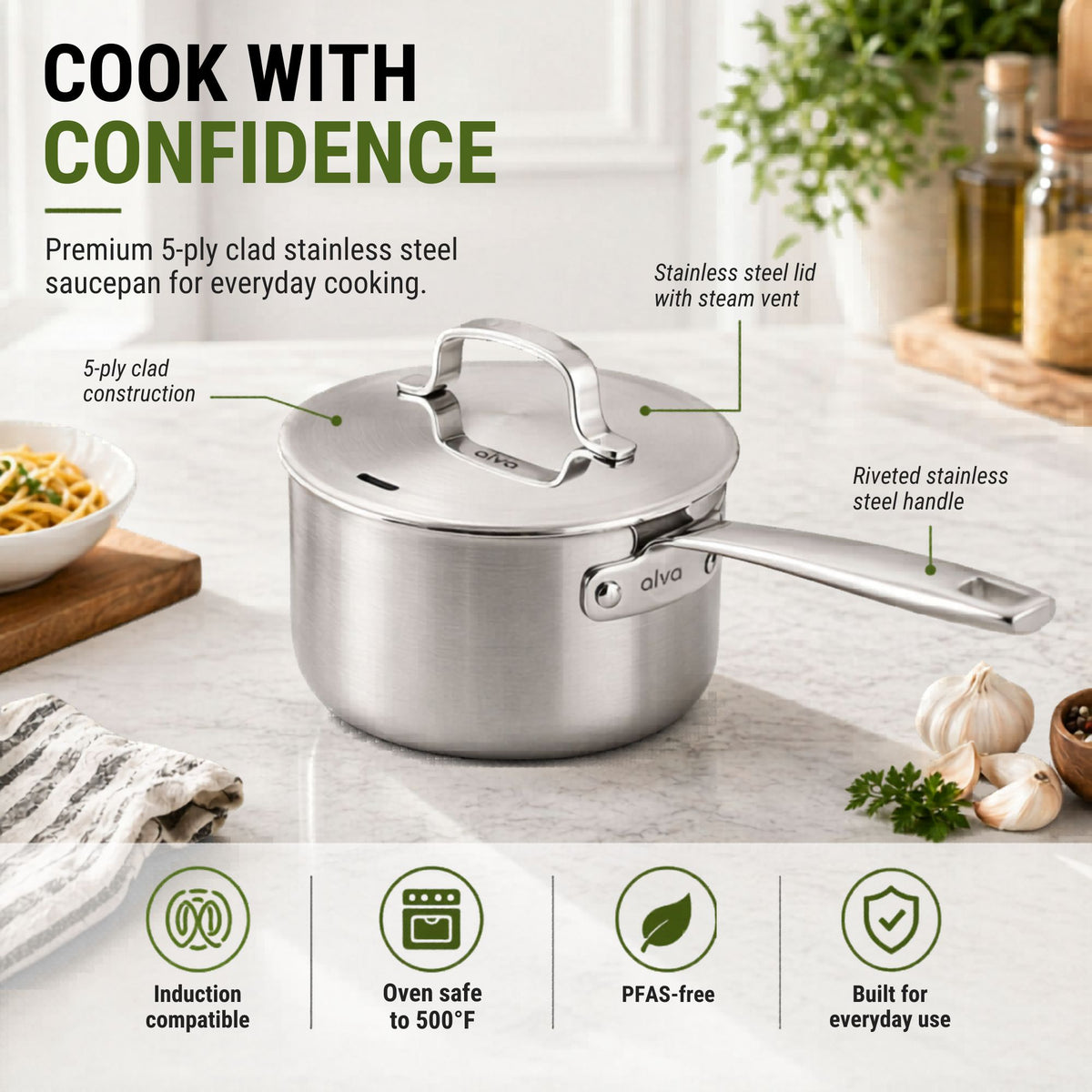 Alva stainless steel saucepan lid handle and five-ply construction details