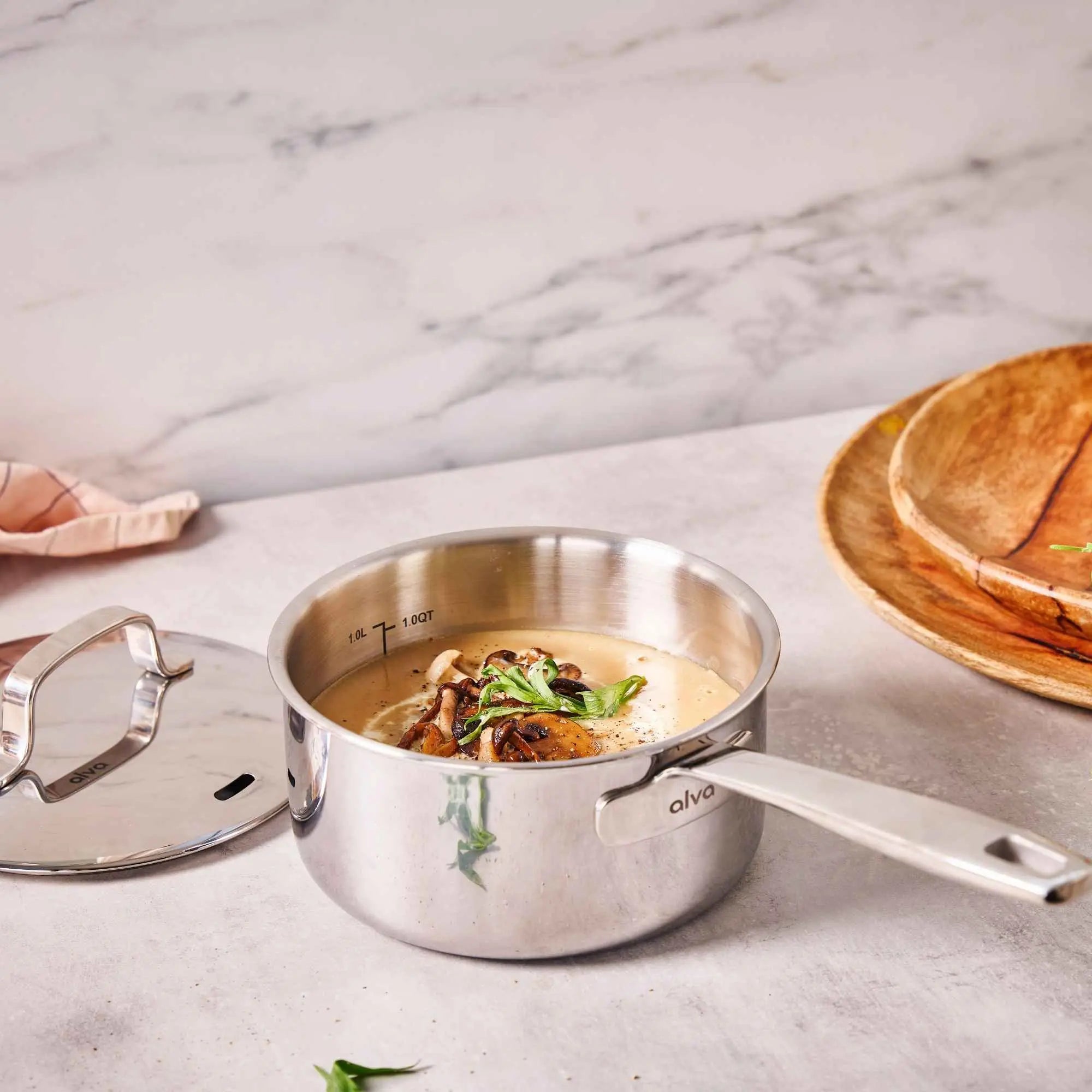 Alva stainless steel saucepan serving a finished sauce