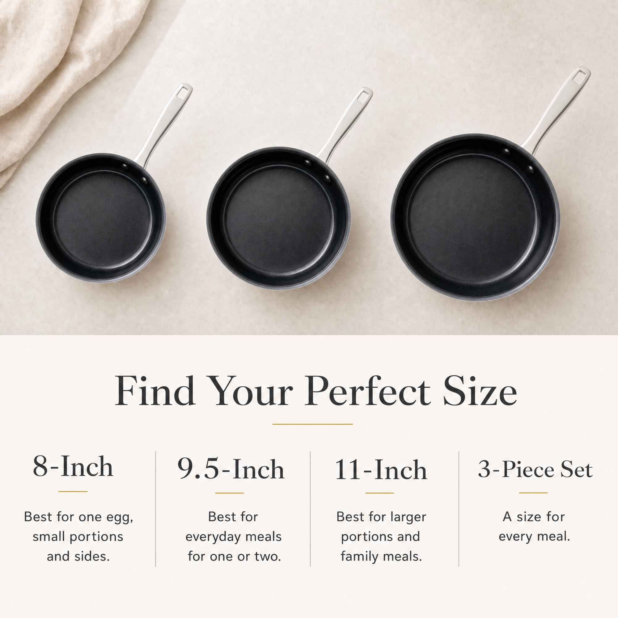 Alva ceramic nonstick frying pan size comparison from 8 to 11 inches