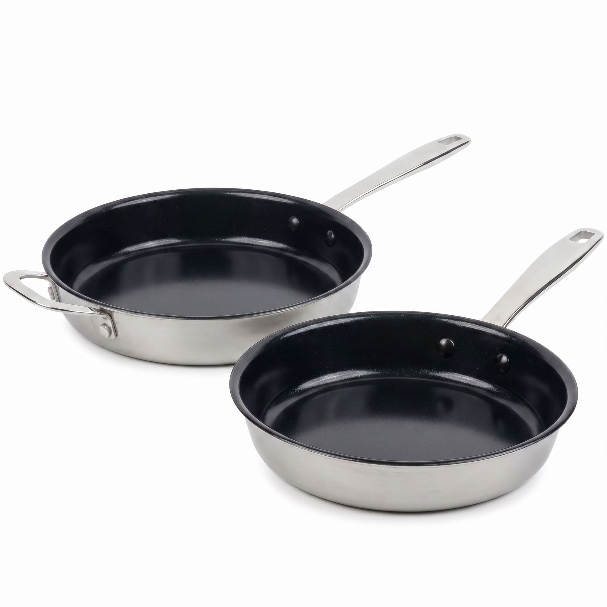 Alva two ceramic nonstick stainless frying pans on white