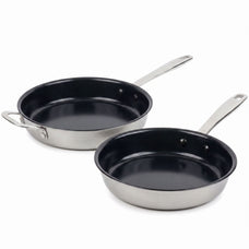 Alva two ceramic nonstick stainless frying pans on white