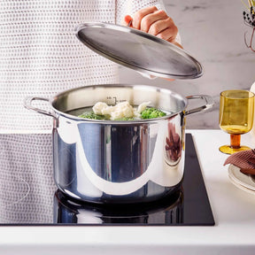 Alva stainless steel stock pot steaming vegetables on induction