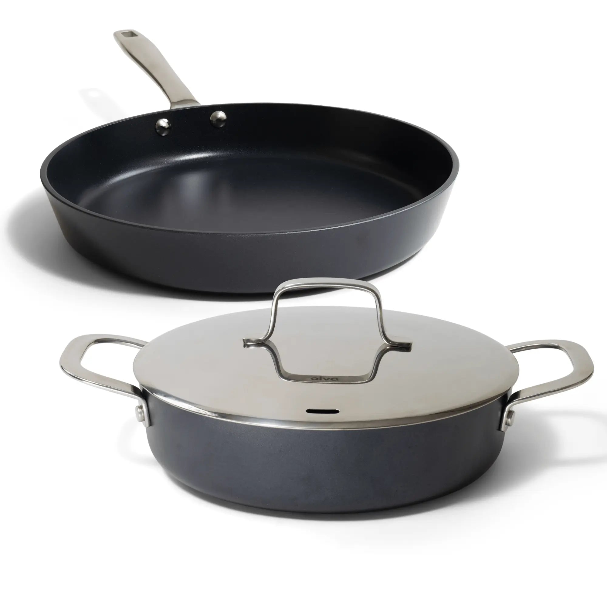 Alva Maestro ceramic nonstick frying pan and sauté pan set on white