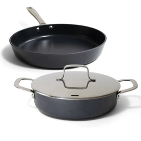Alva Maestro ceramic nonstick frying pan and sauté pan set on white