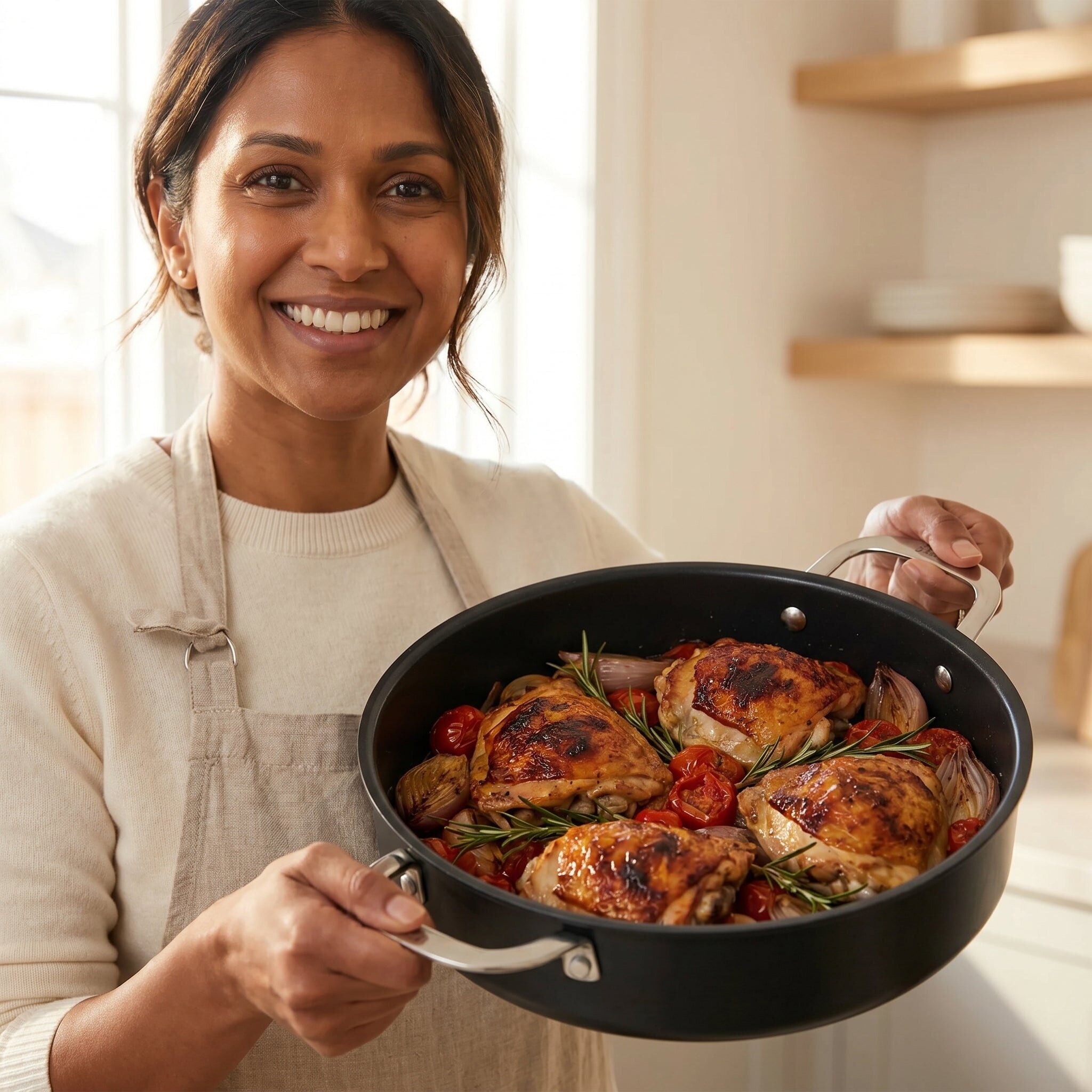 Alva Maestro ceramic nonstick sauté pan serving roasted chicken