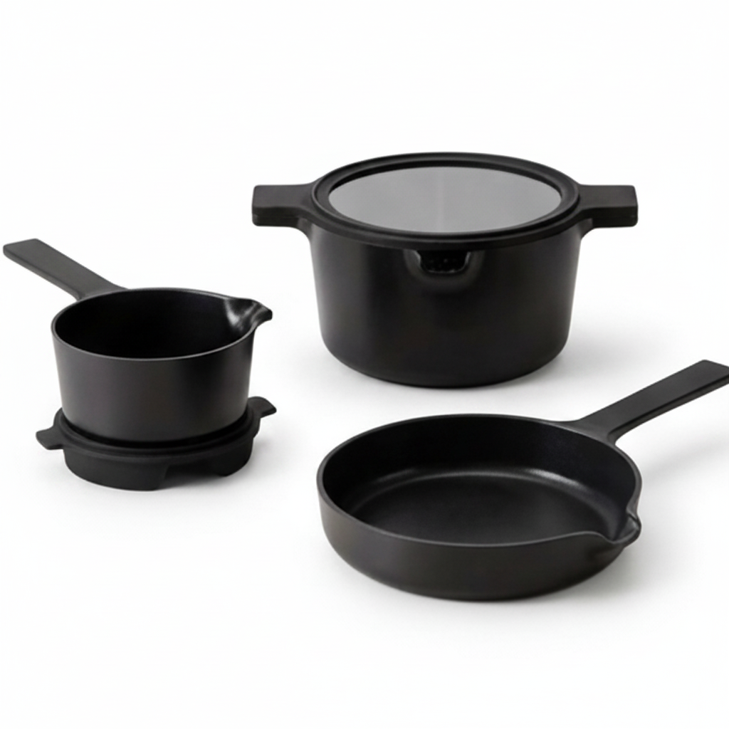 Alva Neat black stackable cookware set arranged on white