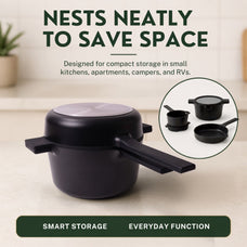 Alva Neat five-piece cookware set stacked to save cabinet space