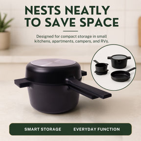Alva Neat five-piece cookware set stacked to save cabinet space