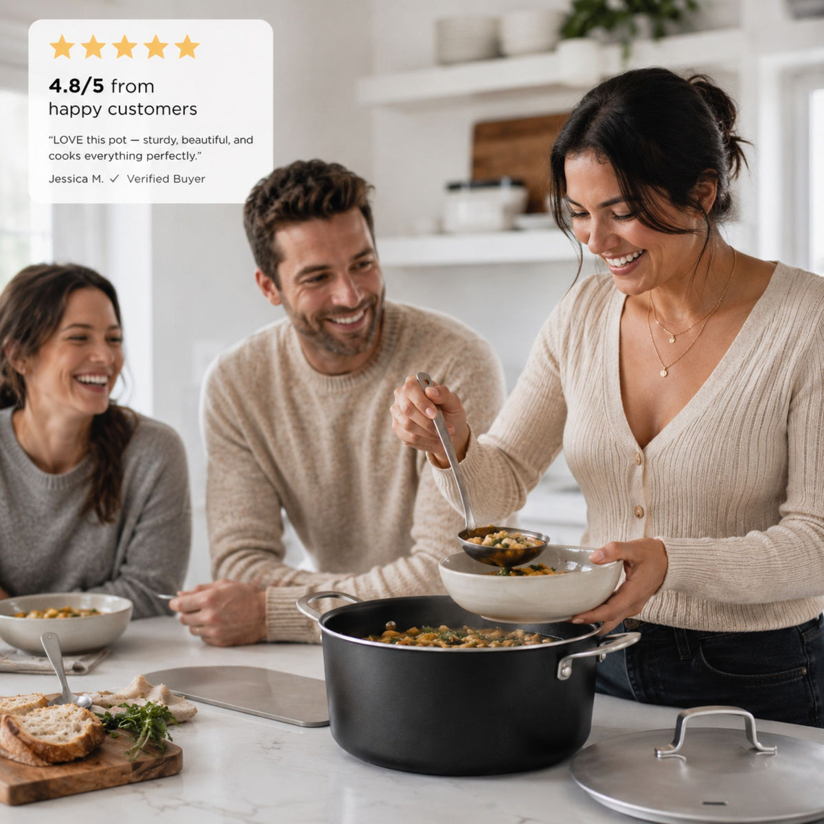Alva Maestro ceramic nonstick stock pot serving a family meal