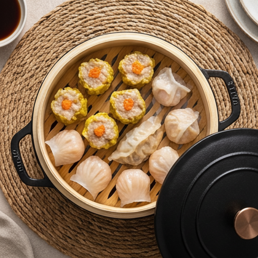 Alva Nori bamboo steamer filled with dumplings