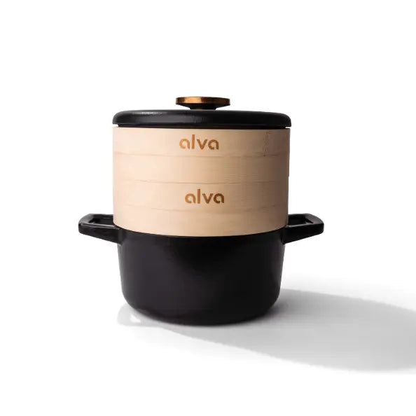 Alva Nori cast iron Dutch oven with bamboo steamer