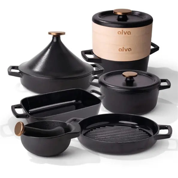 Alva Nori enameled cast iron 12-piece cookware set on white