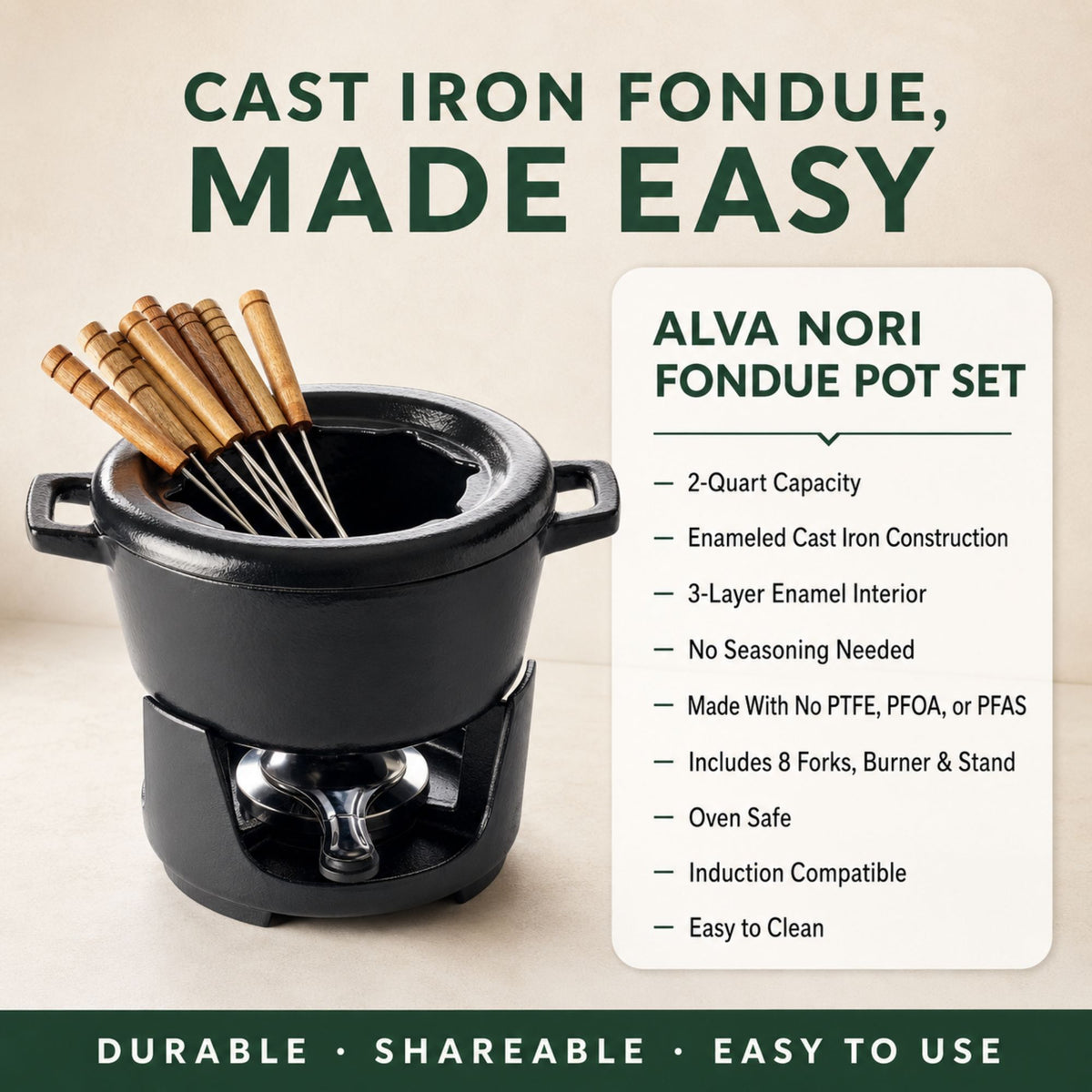 Alva Nori eight-piece cast iron fondue set features