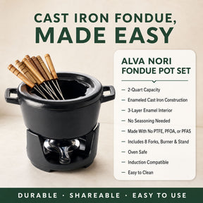 Alva Nori eight-piece cast iron fondue set features