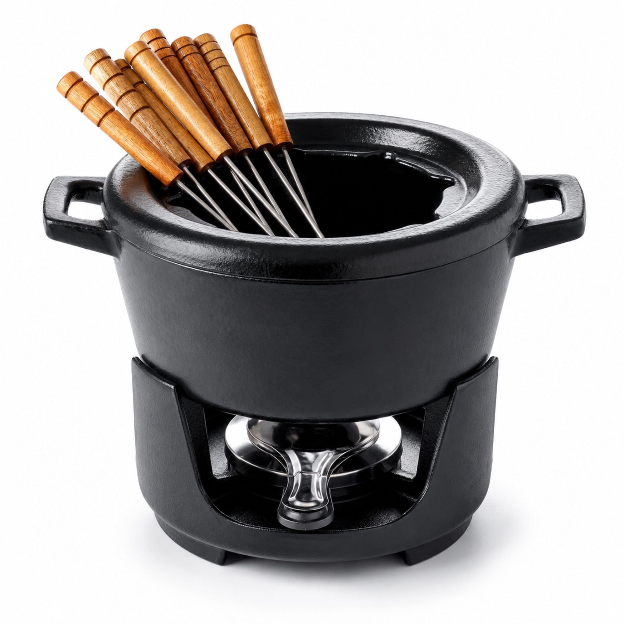 Alva Nori enameled cast iron fondue set with eight forks