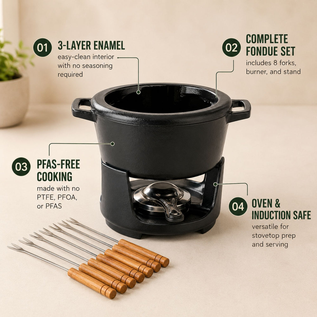 Alva Nori fondue pot, burner and eight forks