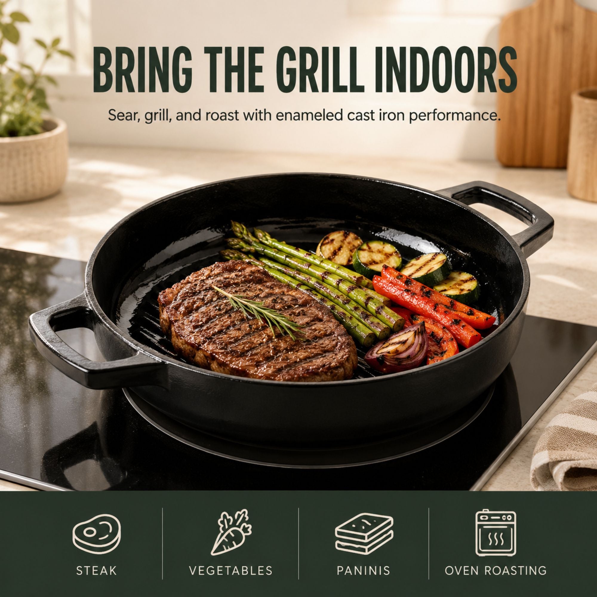Alva Nori cast iron grill pan searing steak and vegetables