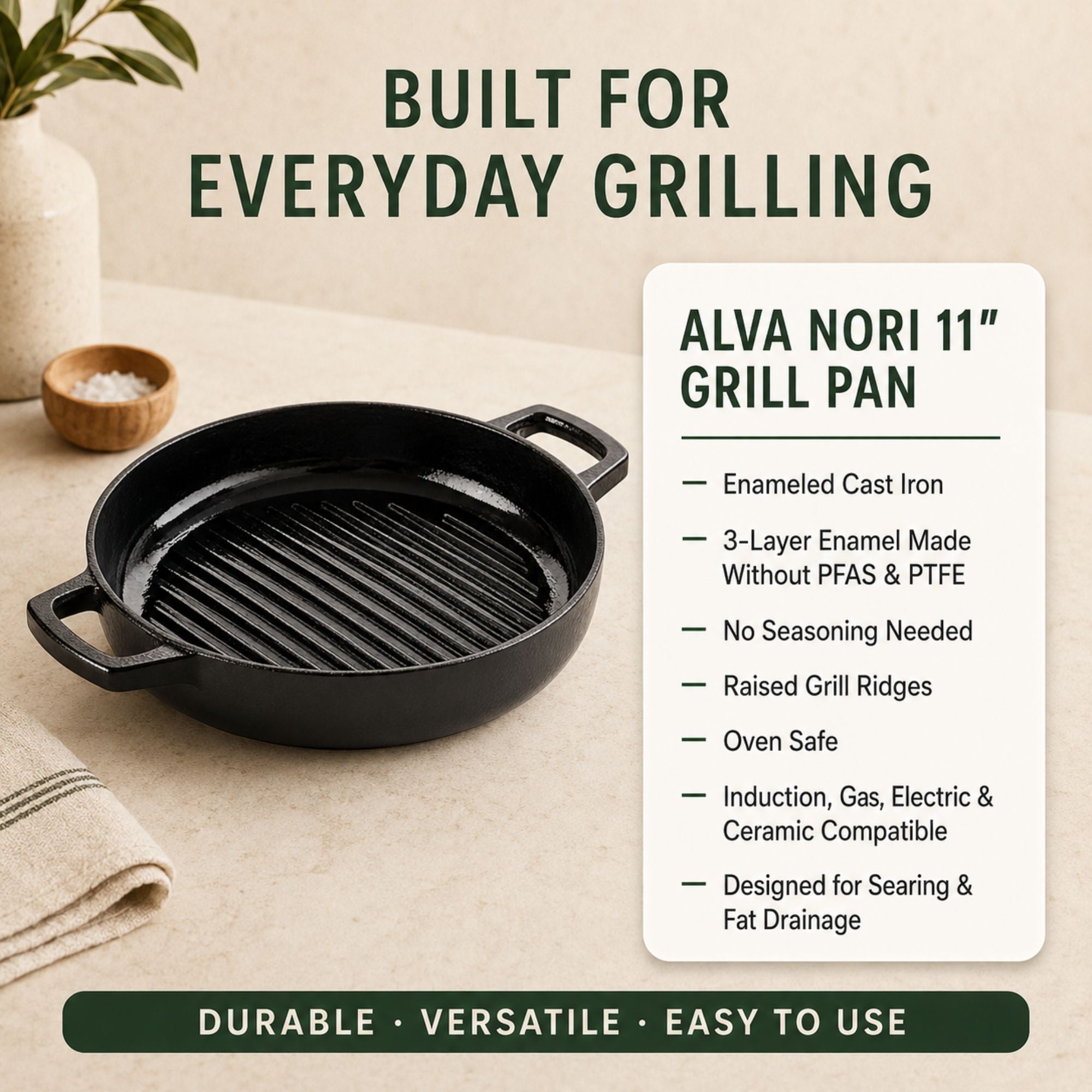 Alva Nori enameled cast iron grill pan features