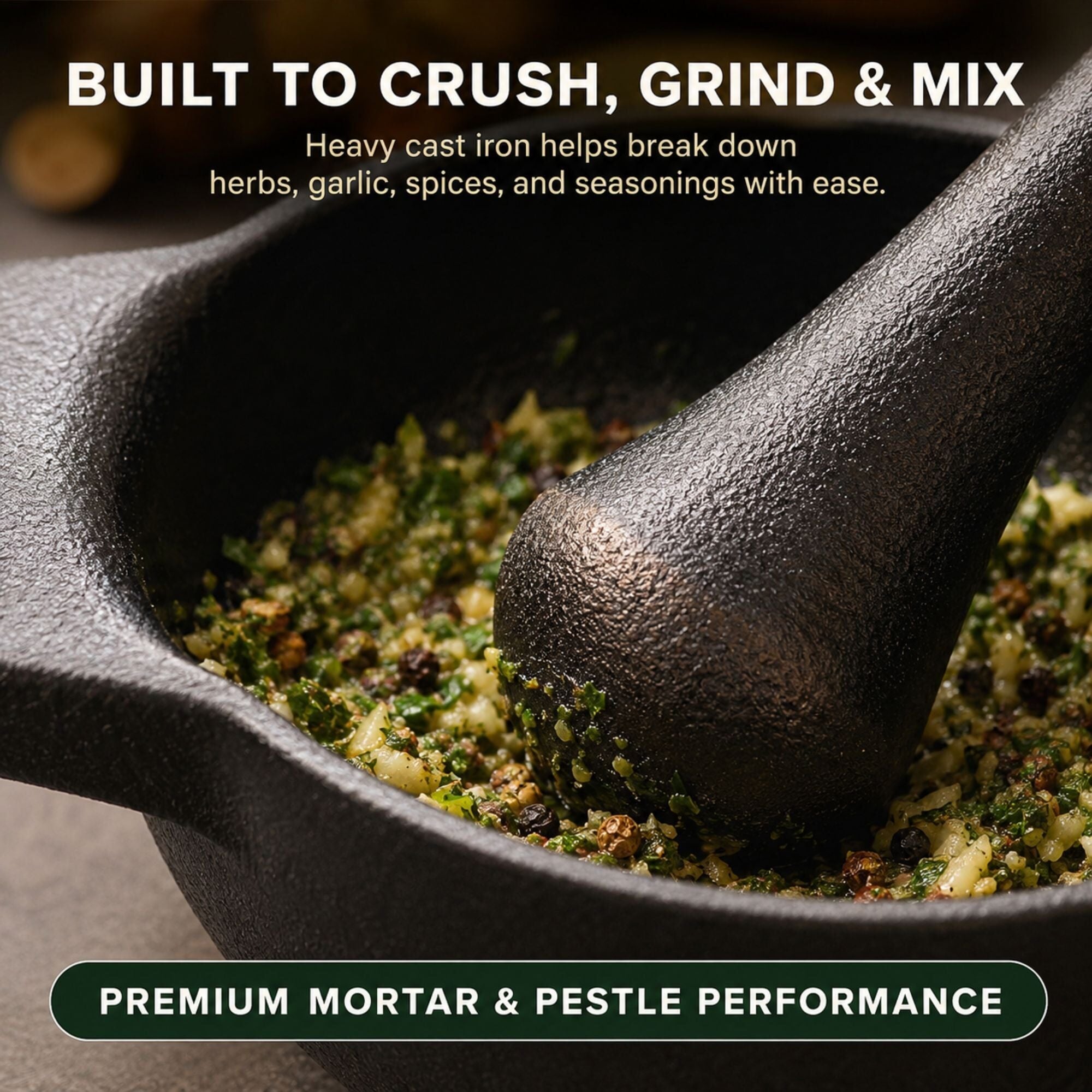 Alva Nori cast iron pestle grinding fresh herbs