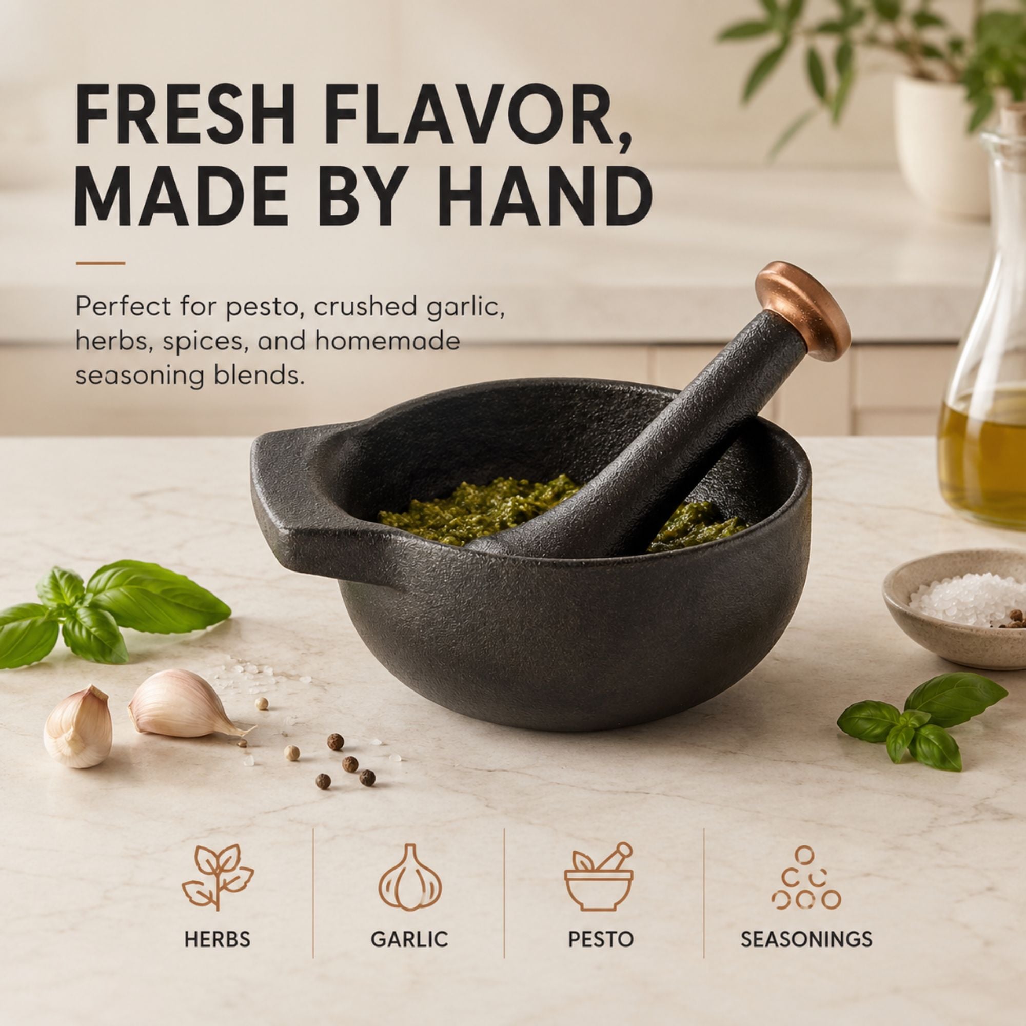 Alva Nori mortar and pestle making fresh pesto