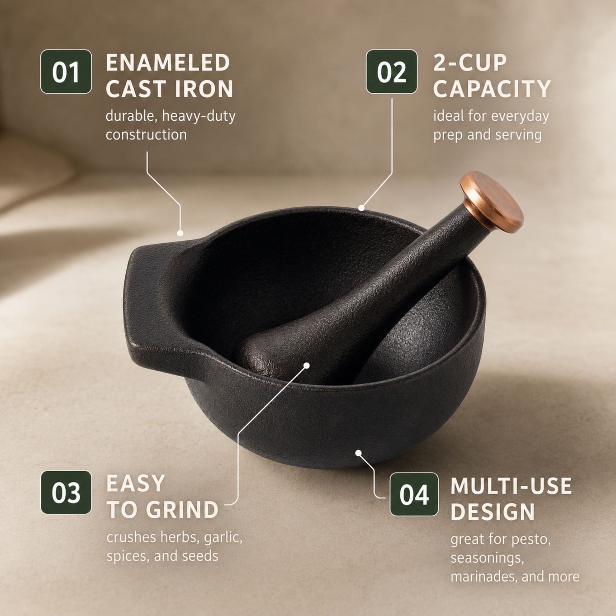 Alva Nori two-cup mortar and pestle features
