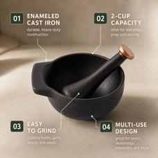 Alva Nori two-cup mortar and pestle features