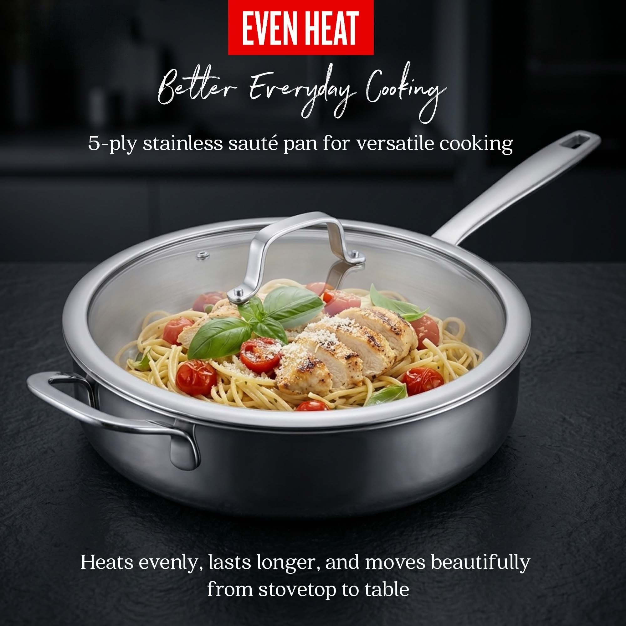 Alva five-ply stainless steel sauté pan with chicken pasta
