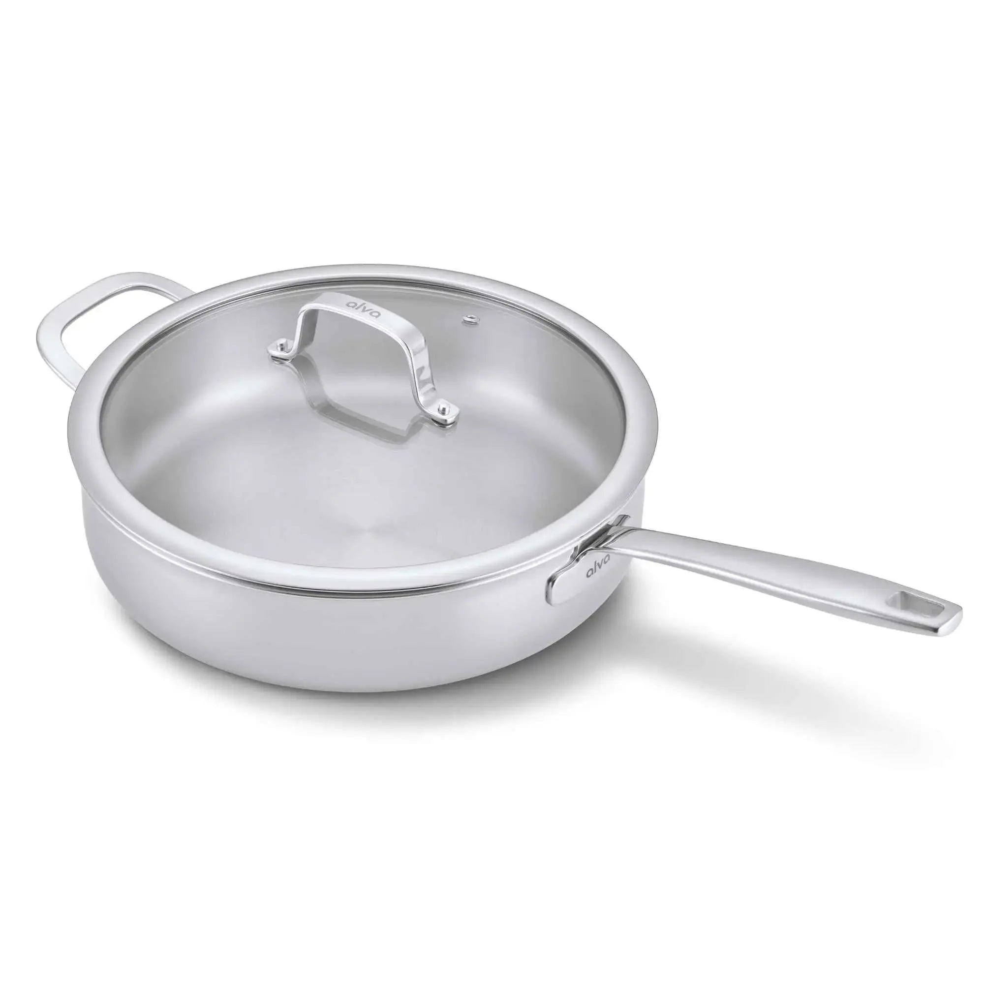 Alva Maestro five-ply stainless steel sauté pan with lid on white