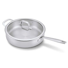Alva Maestro five-ply stainless steel sauté pan with lid on white
