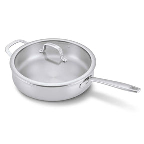 Alva Maestro five-ply stainless steel sauté pan with lid on white