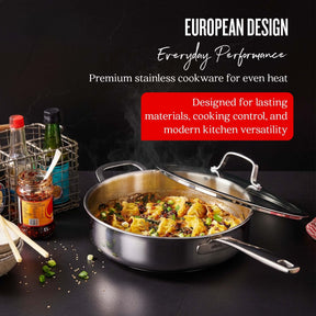 Alva stainless steel sauté pan for stovetop-to-table cooking